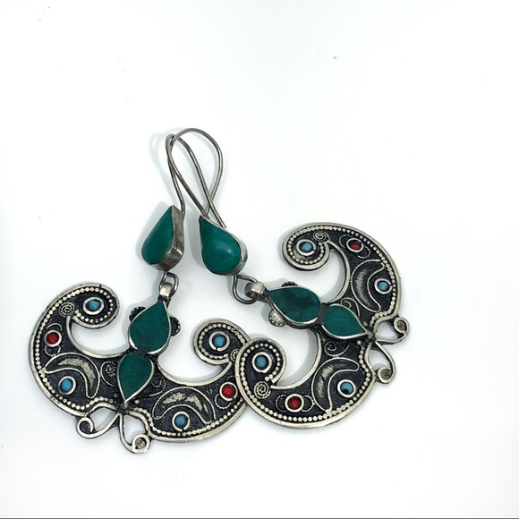 Vintage Jewelry - Boho batwing tribal stone statement long earrings